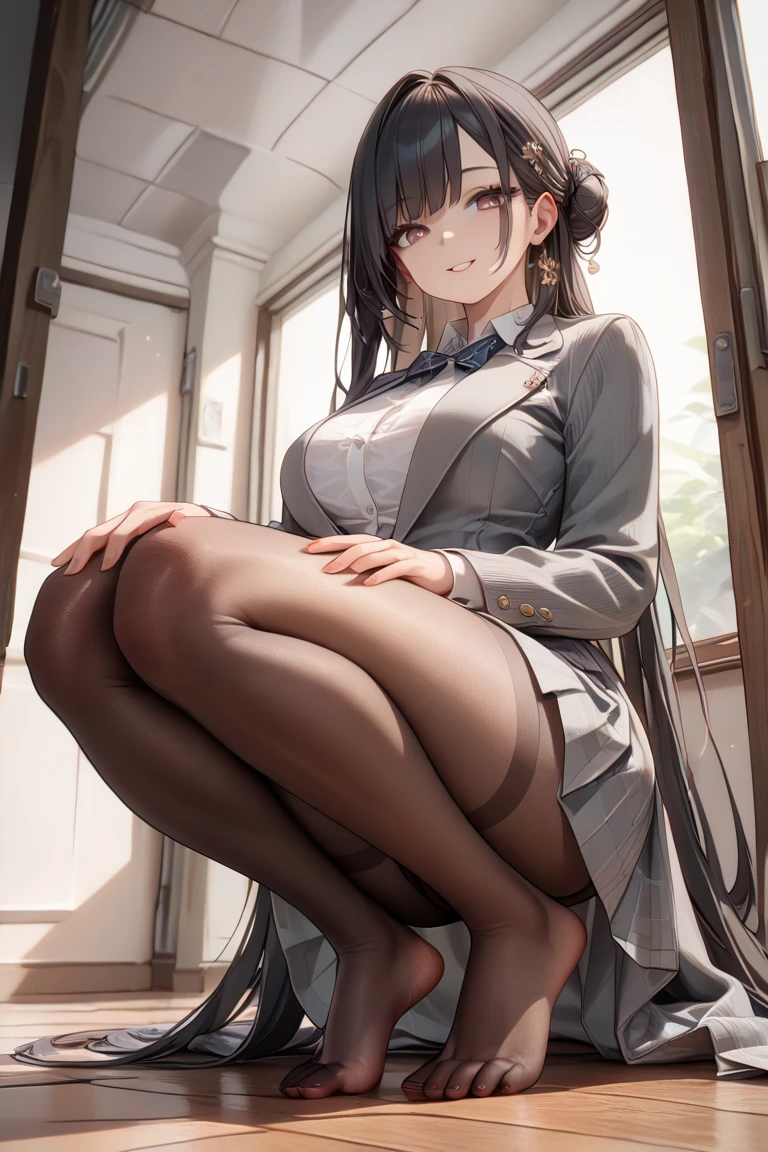 ((masterpiece)), ((highest quality)), ((Super detailed)), 1 girl, black hair, long hair, classroom, foot focus, sitting in a chair, big breasts, Plump, blazer, skirt, pantyhose, panties under pantyhose, with an evil smile, looking at the viewer, from below, ((close up of feet)), steaming body, Sweat, ((Steamed feet)), V-shaped eyebrows, raise your legs,