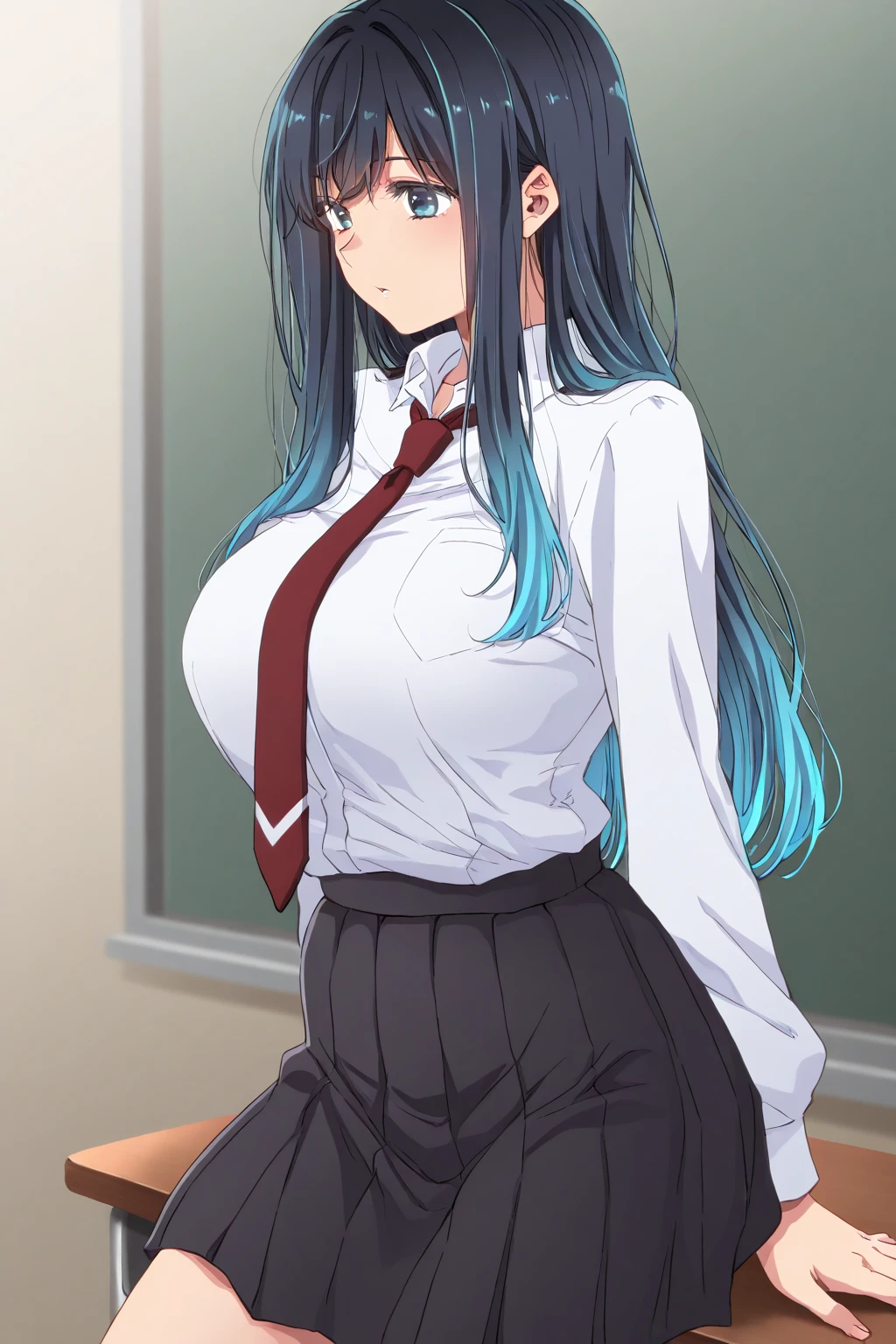 sitting,
masterpiece, best quality, high quality, highres, outdoors, day, upper body, looking at viewer, solo, focused, BREAK,
FAP_BibleBlack_JunkoMochida_ownwaifu, bible_black,
1girl, long hair, blue hair, hairband, breasts, large breasts, blue eyes, rimless eyewear, very long hair,
skirt, thighhighs, long sleeves, , necktie, glasses, zettai ryouiki, red necktie, suspenders, red skirt, pleated skirt, black_vest, vest,