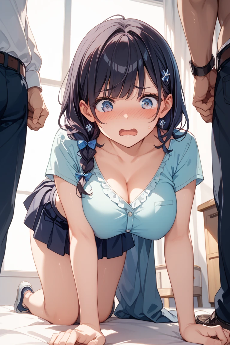 On a desk in the classroom、Rub your own breasts、A cute light blue bra、A cute white thong showing through a cute light blue mini skirt、barefoot、Raw milk、Beautiful breasts