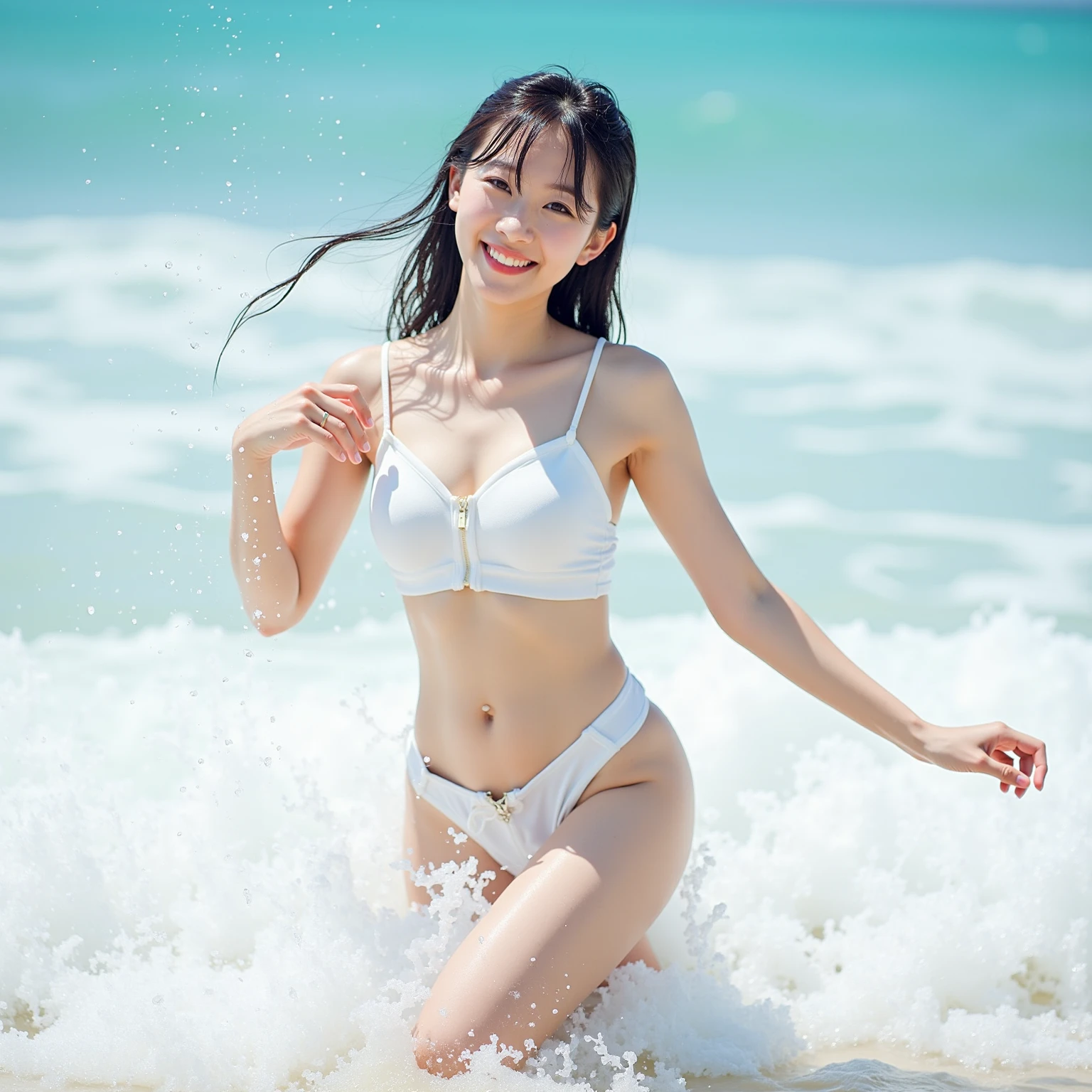Beautiful Chinese waifu, early 30s, brunette hair, white bikini top, white pleated skirt, running on beach