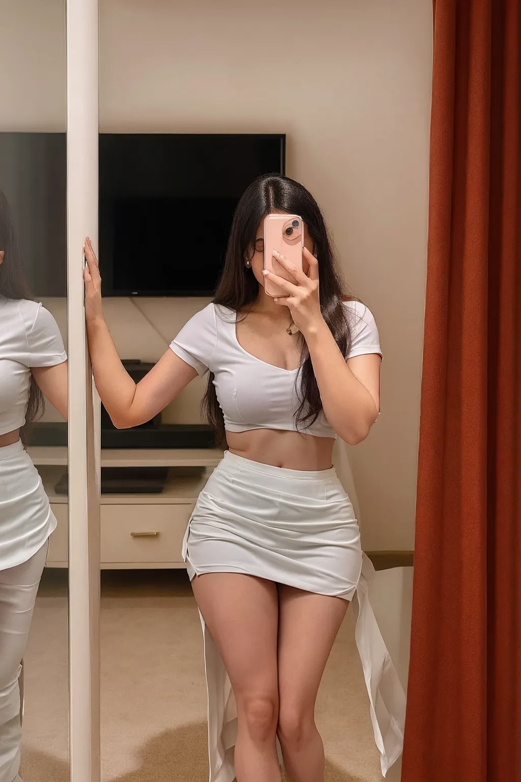 The girl who is taking a picture of herself in the mirror, beautiful girl, sexy body, big tits, big ass, white crab, pants, sexy , wet clothes , hot women , Insomnia and lust