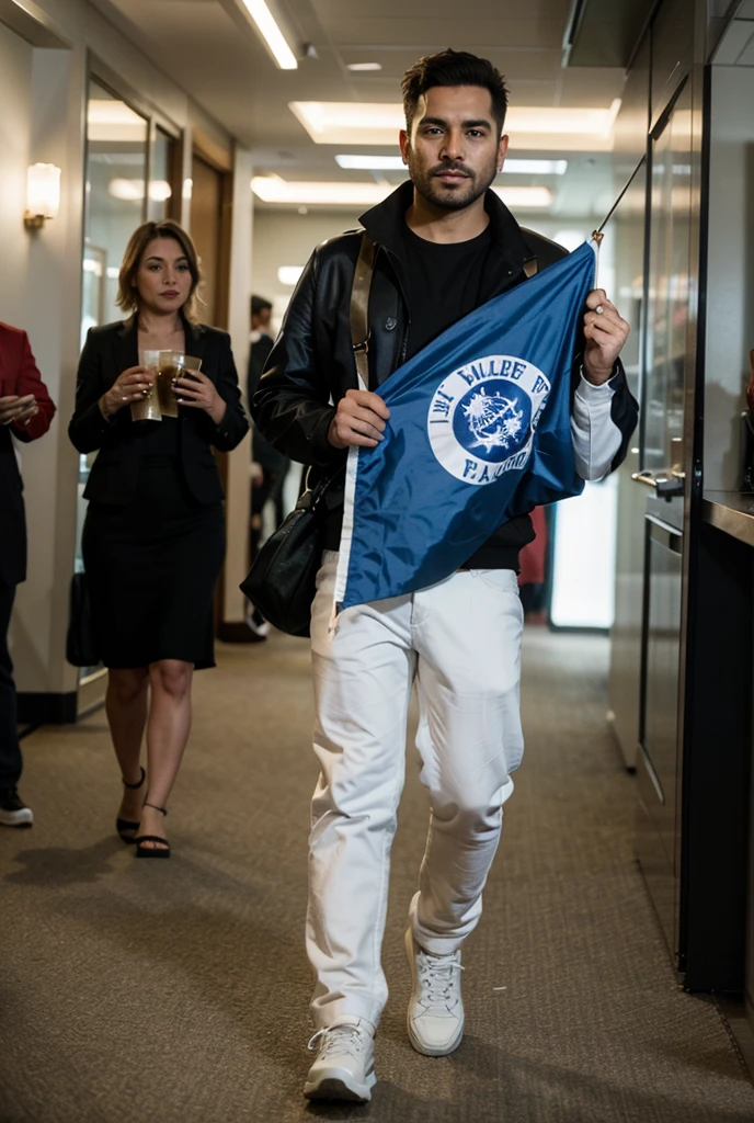 homem, marinheiro musculoso, branco, loiro de olhos verdes e de cabelo liso penteado para tras, com uniforme apertado, branco com detalhes azuis, With a sailor's hat in one hand, branco com uma estrela dourada na frente. sorrindo enquanto atende o celular, ao fundo uma rua movimentada na praia.