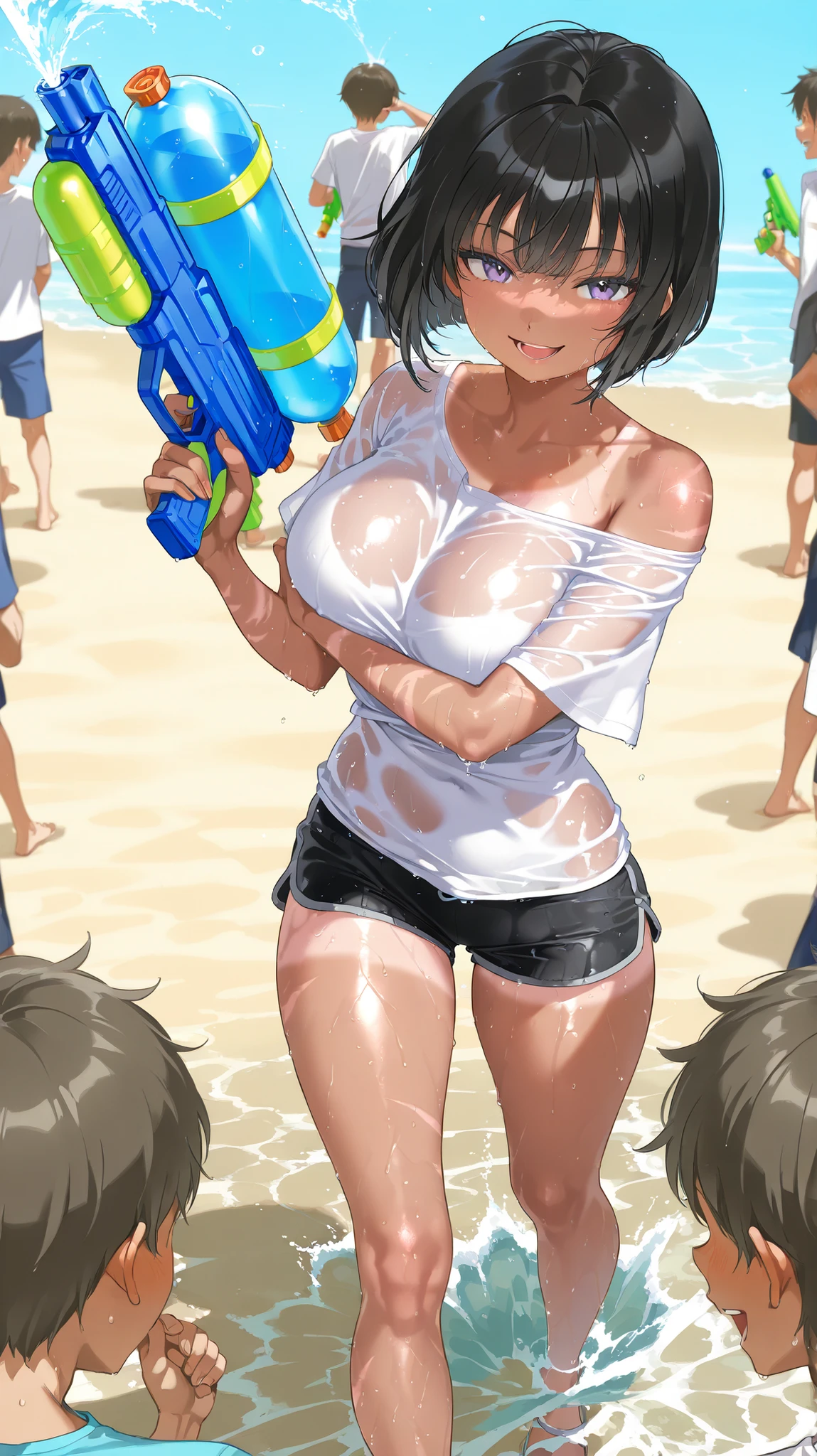 NSFW, (4+girls:1.5), (nude), tanned skin, dark tanned skin, oil, (muscular:0.7), thin waist, (abs:1.3), tan lines, medium breast, dynamic poses, lesbian interactions, sexual interactions, 20 years old women playing together, removing clothes, strip tease, sexual tension, squeezing boobs, grabbing ass, masterpiece, top quality, ultra high definition, highest resolution, very detailed, perfect face, professional lighting, clean skin, CG illustration, slender, very cute, young face, underboob, cleavage, lower breast, wet body, (breasts out:1.4), different hair colors, short hair, pixie haircut, semi-long hair, different hair cuts, hair ribbon, blush, navel, point of view from behind, from below, wet body, (breasts out: 1.4), (plastic bag 1.2), transparent swimsuit, beach, (water), sea, water drop, wet skin, sun, sand, beach-volley, (wind: 1.3), girls playing behind, showing ass, perfect ass, black necklace choker, nude, naked, lifting jacket, saturated colors