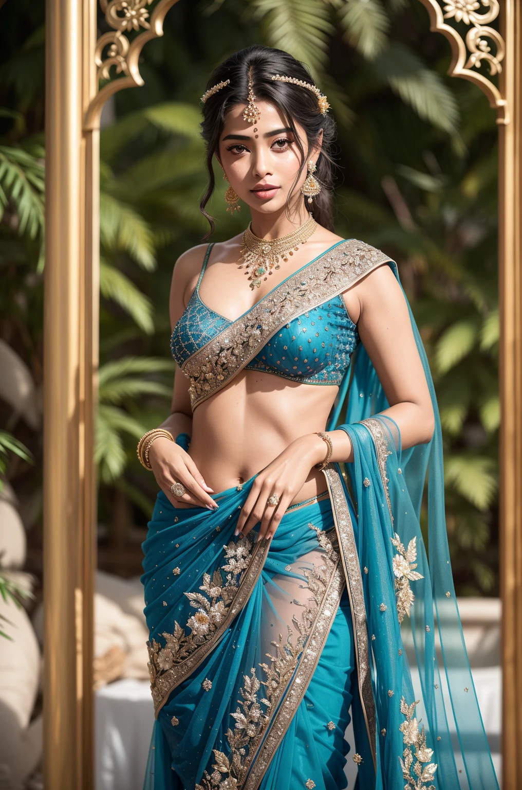 Hot girl in blue saree with peacock feather on hair