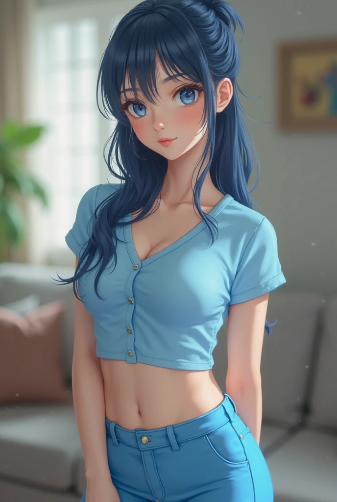 Girl with long hair, black in color, blue colored eyes. with big breasts, slim with hips and ass, no belly. Dressed in a two-piece summer pajama set, shorts and top
