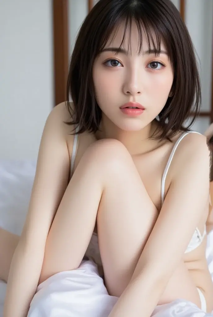 masutepiece、top-quality、8K、Young and cute fair-skinned Japan woman、(((((Crying face、With a very angry face with wrinkles between his eyebrows、With a grimace)))))、((((Sports Instructor、Wear a collared white shirt and lace panties)))、((((Open your mouth wide to the maximum、stick out your tongue a little))))、((bob cuts))、Looking at the camera、Transcendent beauty、Moles under the eyes、((Thin woman、Delicate woman))、((Indoors with natural light、Professional Writing、fold your arms and cover your chest、sit down on the bed))、Luminous skin、big butts、(breasts are large)、(I love guys)、float、I'm 、Sense of truth、(R-18)、Mature、((tre anatomically correct))、Detailed skin、no-makeup、simple background、covered pusy