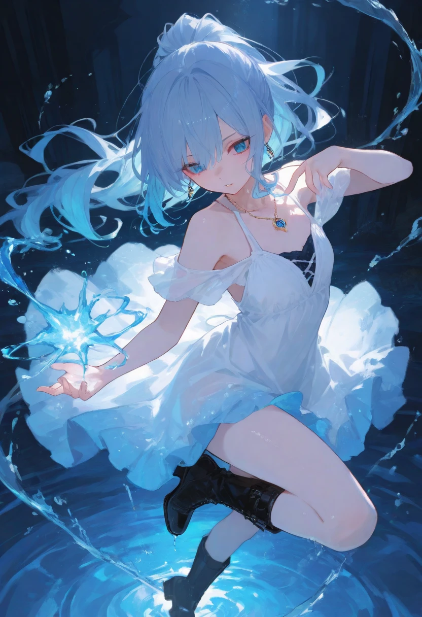 ((A medium shot)) of a anime girl, (standing on the moon), (((half naked))), cinematic light, slim body with curves, skin perfectly white, soft, and smooth, Extremely delicate and beautiful CG illustration, best quality, high resolution, dynamic angle, full-length lens, (1 girl), soft light, high-key lighting), glowing light, blue aura, blue crystal, barefoot, ((wearing nothing but a white (pure:1.3) (transparent) tank top))