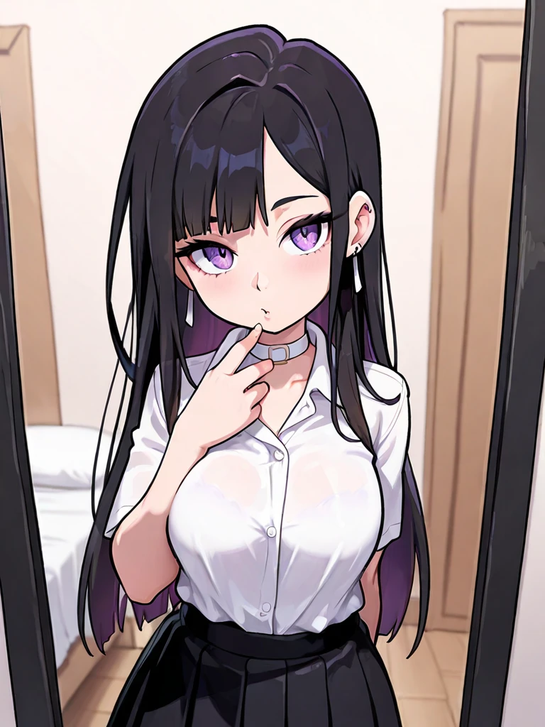 looking up, Shooting from above、Cleavage、Portrait Photography, Realistic, real person, (pale skin: 1.2), (RAW photo:1.5), photorealistic, shiny skin, shiny hair、(Bangs)25 year old woman with straight hair) and (medium hair) and (black hair) and (purple eyes) and (half eyes), (white collared shirt), (blush:1.3), open mouth, The background is the interior of a restaurant at night.、alone、Sitting