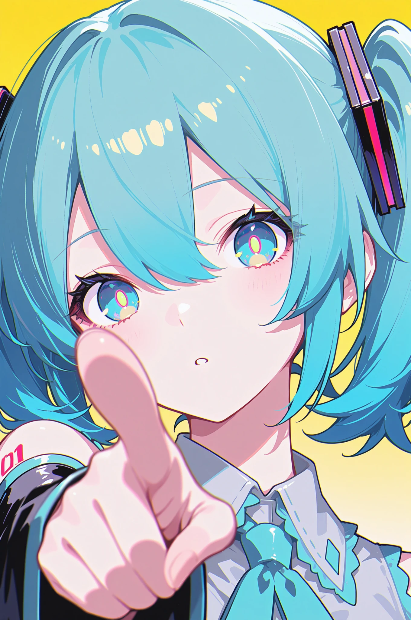 1girl, hatsune miku, blue eyes, blue hair, chromatic aberration, hair between eyes, ((pointing viewer)), looking at viewer, portrait, short hair, gradient background, solo, yellow background, yellow pupils, masterpiece, best quality, newest,