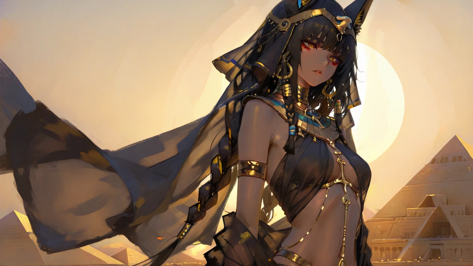 (striped veil covering the whole head), all white, slim body semi-covered by Egyptian technological clothing based on the sphinx, Neon Genesis Evangelion style, cyberpunk, lots of gold and ruby jewelry, action pose, ((Best quality)), ((masterpiece)), (detailed: 1.4), (Absurd), (((super defined eyes)))), Powerful Egyptian woman ready for war, perfect body, dark tanned bright skin, cleoopatra,  (((perfect ass))), shoulder pad of the Anubis, ((head adornment that falls in two straps over the shoulders and has the part hanging over the nape of the neck tied in braid, called nemes with that of the sphinx)), defined body, bare thighs, closed mouth, only in panties, include hieroglyphics in clothing, generous neckline, ((perfect medium breasts)), (brown eyes without pupils), ((long black eyelashes)),  ((heavy eye makeup)), ((Black stroke coming out of the corner of the eyes)), ((clothing in red and black and white colors)), ((Egyptian designs on the arms)), Egypt, Tutankhamun mask, Pharaoh, Bastet, Anubis, short underwear, garter belt, by mucha, niji --V5, close to real, psychopath, crazy face, sexy pose, inside a pyramid, 2 pieces clothing, centered, scale to fit the dimensions,  HDR (High Dynamic Range),Ray Tracing,NVIDIA RTX,Super-Resolution,Unreal 5,Subsurface Dispersion, PBR Texture, Post-processing, Anisotropic filtering, Depth of field, Maximum clarity and sharpness, Multilayer textures, Albedo and specular maps, Surface shading, Accurate simulation of light-material interaction, Perfect proportions, Octane Render, Two-tone lighting, Wide aperture, Low ISO, White balance, Rule of thirds,  8K RAW, crysisnanosuit
