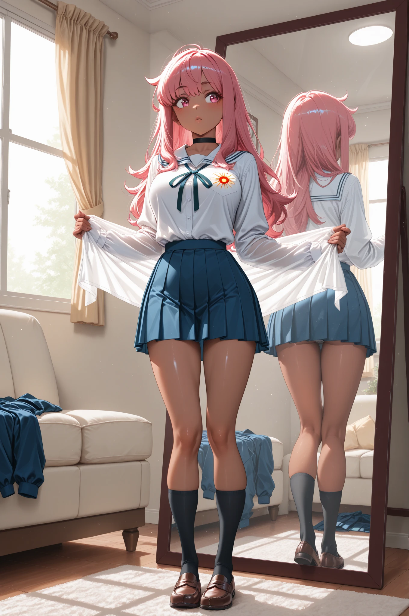 Best Quality,masutepiece,look down on, Upper body,Strands of hair,lightblue hair,white hair,Pink hair,Classroom,tiny chest、red blush, Bow, Red bow, Long sleeves, Shirt, Collared shirt, Skirt, Pleated skirt, Black skirt, tiny chest、looking at the viewers, BREAK (masutepiece:1.2), Best Quality, High resolution, Unity 8k壁纸, (Illustration:0.8), (Beautiful detailed eyes:1.6), extra detailed face, Perfect Lighting, extremely details CG, (Perfect hands, Perfect Anatomy),A smile、(Skirt lift:1.3), (White panty:1.3)、(Skirt that rolls up:1.3)、(Fully exposed panties:1.5),(Multiple girls)