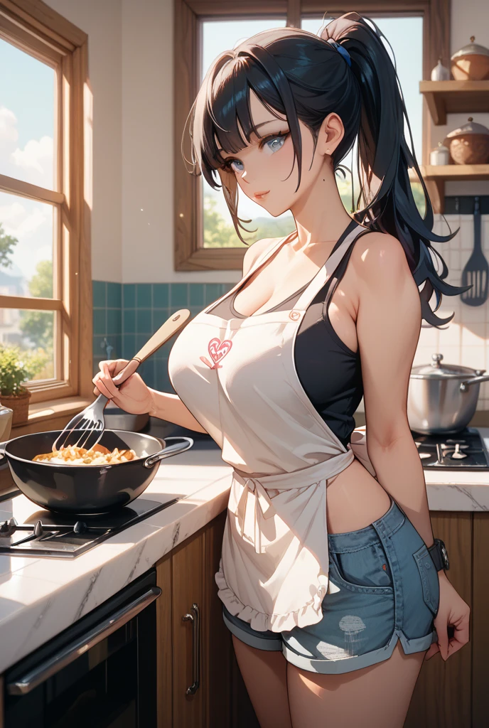 (dynamic angle:1.3, front view:1.1, breast focus:1.3, from above:1.1), (dynamic posing:1.2, sexy posing:1.2), (seductive smiling:1.3), ((looking at cake,Taking a cake out of the golden oven, worried about the outcome:1.2)),highest quality、(real、photorealistic:1.4),(ultra high resolution, 8K RAW photo, clear focus), best qualtiy, natural lighting, field depth, (Bright pupils, detailed beautiful eyes, high detailed face), Red lip, (tight focus:1.2), a girl 22yo old, Wearing a pastry chef uniform:1.3 , Thicc, thin breast, long hair, blue eyes,garter stocking, cleavage:1.2, midriff, black shorts, black thighhighs, thigh strap, pretty girl, (highly detailed beautiful face and eyes,firm breasts),real skin,((black,hair,long pony tail hair)),thin pubic hair,cute,lovely, detailed eyes,(double breasted:1.0,under bust:1.0),(with sparkling eyes and a contagious smile),open mouth, Looking at Viewer,A scene of cooking in the kitchen,looking at the golden oven