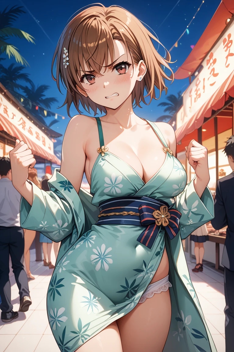 Photo taken at a festival at night,Photograph the whole body,Irohashishiki test, Isshiki Iroha, Short Hair, Brown hair, (Brown Eyes:1.5)Big Breasts,Cleavage,Yukata
