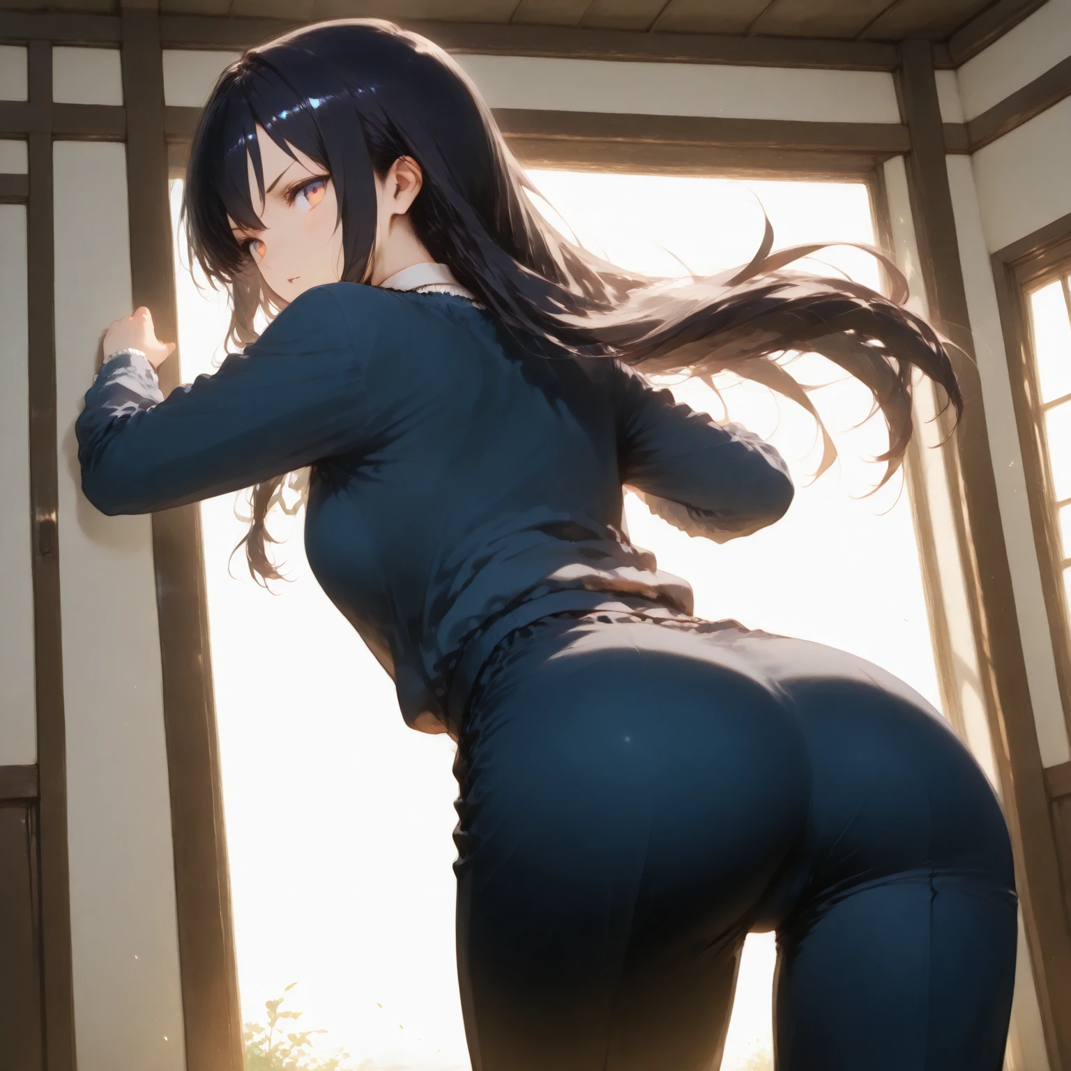 2 Asian girls, anime girls, both farting together side by side, desperate to poop, farting while standing, farting in public changing room, wearing fencer suit, stomach bloated, hands hugging stomach, pained expression, shocked and embarrassed, mouth open in shock, sweating, blushing, beautiful and cute face, anime art style, fit body, tall and thin, view from back
