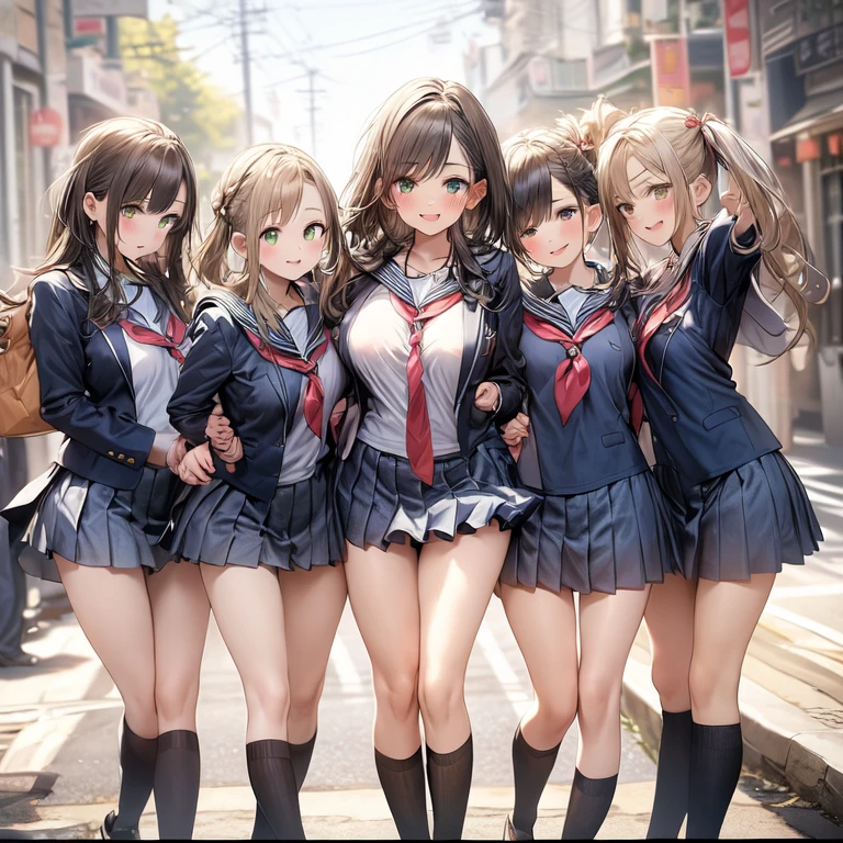 ((masterpiece, Highest quality, High resolution, 超High resolution, Pixel Perfect, Written boundary depth, 4K, RTTX 10.0, Human Development Report))), 1 Girl, single, alone, beauty、View the whole body、(masterpiece: 1.2, Highest quality, masterpiece, Clearer images), (Bright colors), ((Take clear photos even from a distance)), (Multiple Girls), (Harem), ((((school uniform)))),(School classmates), ((( All school uniforms have the same design))), (((Everyone is wearing the same navy blue miniskirt))), ((In the school changing room)),(((Take off:1.3))),((Change of clothes:1.3))),((16 years old)), (cute Japanese((6 Girls))), (((Baby Face))), ((Group shot)), (((Group selfie))),(((Play))),Wide-angle, Soft Light, (Slightly larger breasts), ((The audience was delighted)), landscape、((Grab your chest:1.3)),(((Garment Lift:1.2)))、((Green Eyes, Beautiful eyelashes, Realistic eyes)), ((Detailed face, blush:1.2)), ((Smooth texture:0.75, Vibrant质感:0.65, Vibrant:1.1, Anime CG Style)), Mid-chest, Perfect body, Beautiful curves、Beautiful feet、thin、smile, attractive way to sit, 1 Girl, Aerith Gainsborough, Hair Ribbon, bracelet, Brown Hair, Side Lock, Parted bangs, Green Eyes, Braiding, (((Swimwear、bikini、2012年に流行したSwimwearのデザイン)))、((((M-shaped legs:1.4)))、Close one eye、Stick out your crotch