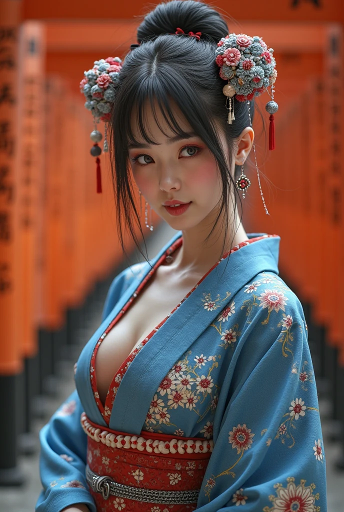 (((masterpiece))), (((best quality))), ((tangfengspabelle)), ((tattoo on forehead)), half body, solo, 1girl, collarbone, cleavage. ((big tits)), (((multiple colored complex pattern chinese embroidery dudou))), ((long sleeves hanfu)), hairpin, necklace, updo, short hair, <lora:tangfengspabelle:0.3>,