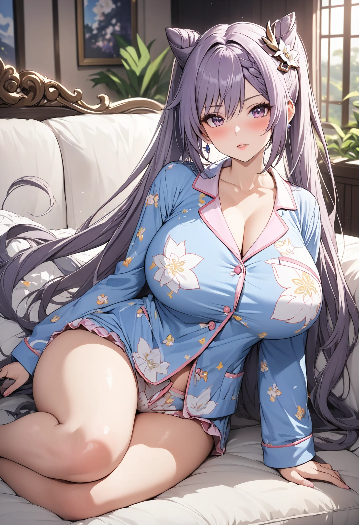 hostess:1.2, ((Shyly、Looking at me with a sad expression、Ecstatic expression,blush))、compensate:1.2, Dark eyeliner、Eyelash length、False eyelashes、Red eyes、Light fluorescent lip gloss, (hostess:1.3),Fishnet tights,((White Floral Bra、Floral pattern full of peonies、Purple and blue peony floral pattern)、(White floral panties、Floral pattern full of peonies、Purple and blue peony floral pattern)、(Blue Chinese Dress,gold flower embroidery)),(((Her clothes have come off and her underwear is visible)))、:1.3、((Huge breasts:1.6)),((Highest quality, Ultra-high resolution、The most complex and detailed depiction))、(masterpiece:1.3), (8k, Realistic, RAW Photos, Best image quality: 1.4)、Cleavage:1.2、Very detailed face、Attention to detail、double eyelid、Beautiful woman:1.4、((Silver Hair、Twin tails,Braided hair))、Highest quality、masterpiece、Ultra-high resolution、(Realistic:1.4) (8k, RAW Photos, Highest quality, masterpiece:1.2), (Realistic, photo-Realistic:1.37), Very detailed, Beautiful attention to detail, Gal-style makeup、Dark eyeliner、Black eyeliner、Heavy eye makeup、Eyelash length、False eyelashes、Eyelash length、Big eyes、Big black eyes、Big eyes、elongated nose、Heavy makeup、Face with gills、Spread your legs and face forward.、whole body、Spread your legs座る、Spread your legs、sexy、Glamorous Body、Saggy breasts、Large saggy breasts、(Sweat、Your body is wet)、((Sleeping on your side on the bed、Elbows on the bed))