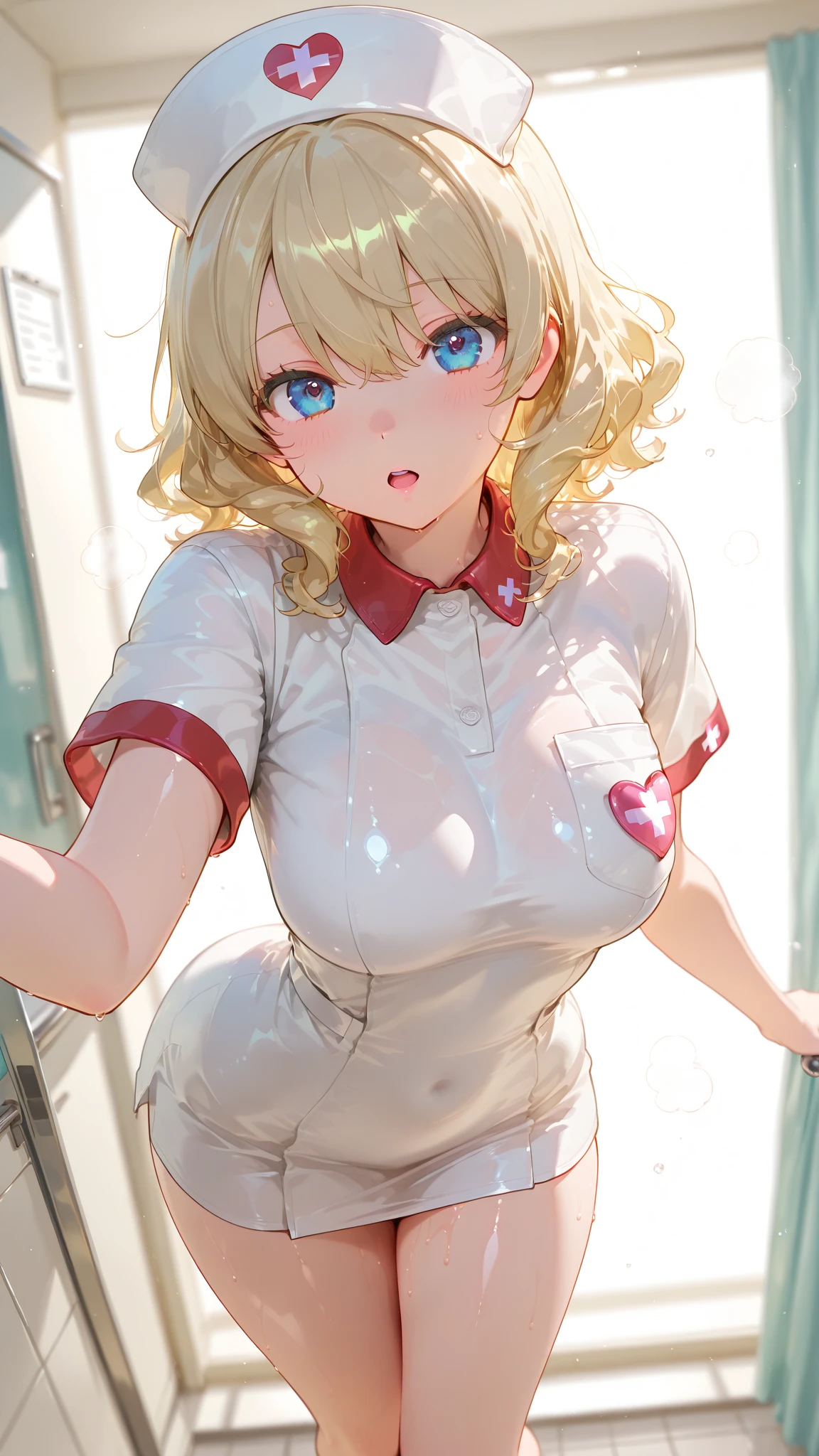 ((highest quality)), ((masterpiece)), ((Perfect Face))、((the skirt is rolled up))、((Showing panties))、((Revealing underwear))、(((Heart mark on the eyes)))、Blonde、ponytail、orgasm、Flushed face、Sweaty all over、Ahegao、nurse uniform