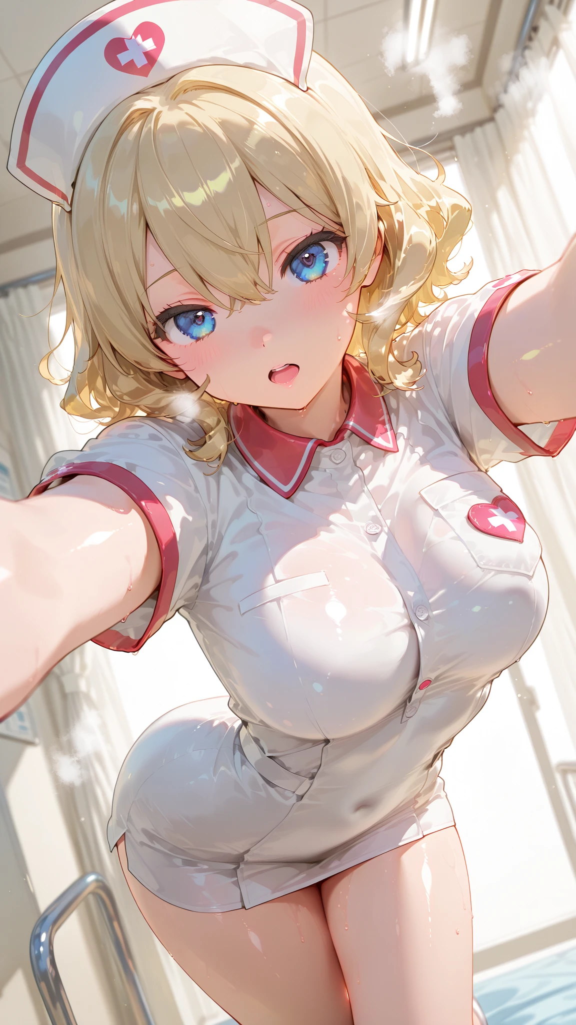 (Best Quality:1.5, High resolution, HD, 4k, detailed lighting, Shaders, perfect hand anatomy), straight blonde hair, busty, nurse costume, neckline, thighs, smiling, to throw, shooting they seek, standing, Hospital history