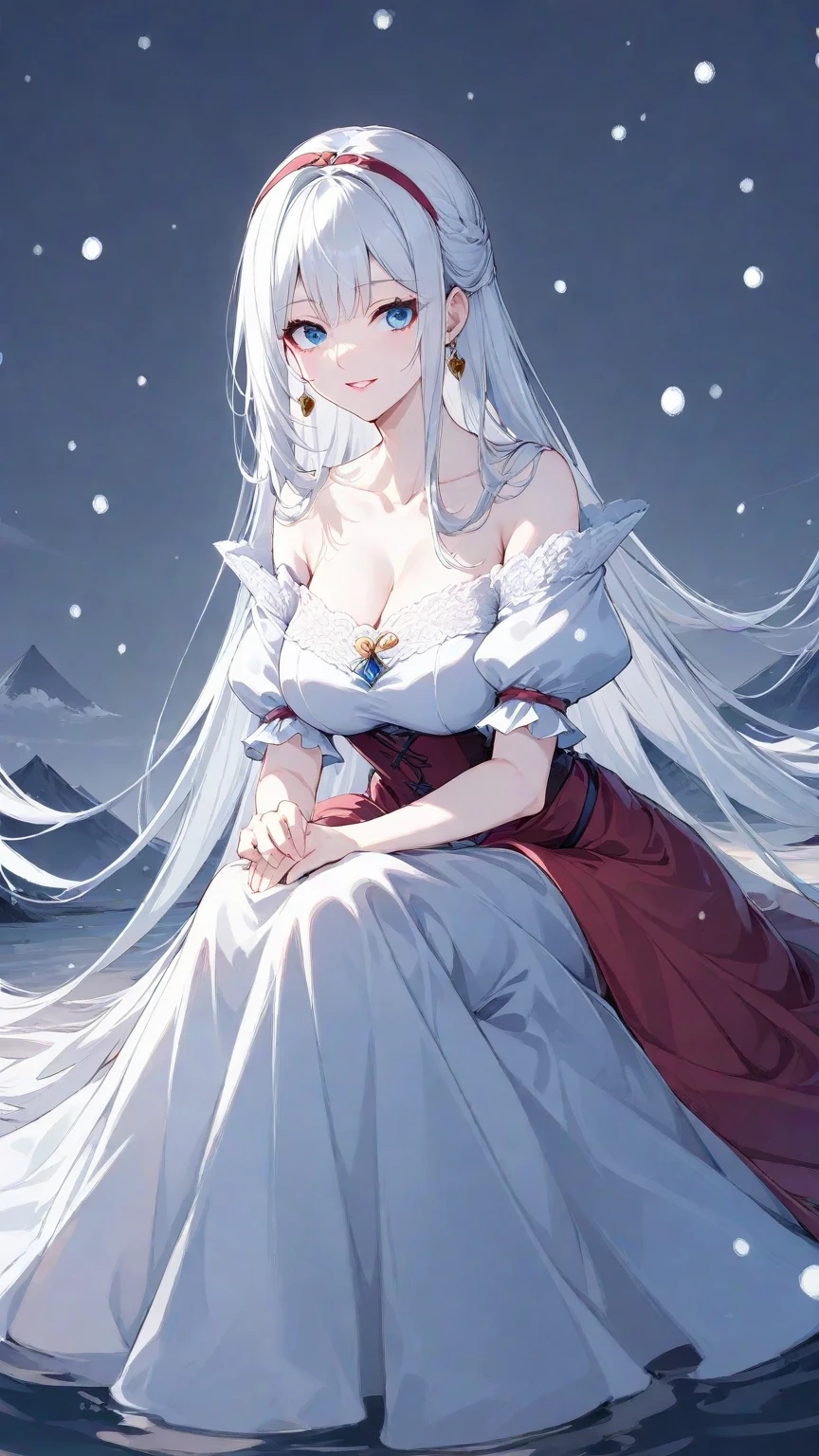 Official art, masterpiece, sharp focus, (beautiful gorgeous cute woman:1.3), (beautiful cute woman:1.3), delicate and beautiful hair and eyes and face, realistic, very detailed, beautiful woman, blue sky, (side light:1.2), sunshine, white clouds, delicate clouds, thin, ((smile with eyes, open eyes)), landscape, long straight hair, building, (view view:1.7), dynamic hair, detailed platinum black hair, shining blue eyes, Western aristocratic dress, pale skin, composition from above, evil, secretive atmosphere