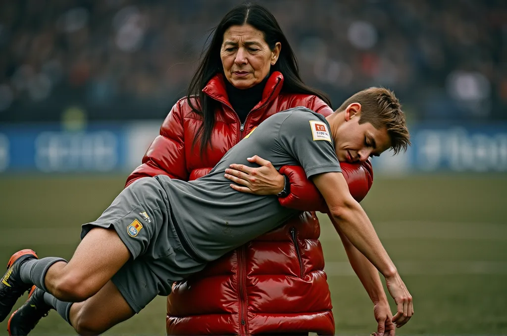 soccer action pose, piggyback pose, a very beautiful young girl in a very shiny black coat is carrying a man, piggyback ride in a sports stadium, affection pose, lecherous action pose, a madeup young schoolgirl in a high-shine black padded downcoat, dramatic action pose, theatralic pose, there is an very attractive woman that is carrying a wounded ahtlete, there is a beautiful woman in a shiny coat who is carrying a young sportsman piggyback from the field, soccer action scene, injury scene, first aid in sports transport of a wounded player, piggyback, a longhaired beautiful woman in a high-shine coat, a longhaired woman in a shiny coat, a woman is carrying a shorthaired man who is wearing an orange sports outfitt, a weak man in sports shorts is consciousless and needs to be carried, a shorthaired man with closed eyes is carried piggyback a longhaired woman, a woman looks very scared and terrified, a consciousless man with closed eyes is suffering very much and has a very painful face, photo, photo shoot, photographed , accident, help, aid, first aid, pity