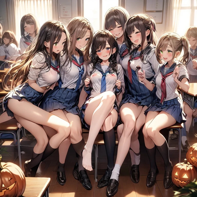 nswf:1.3,(masterpiece: 1.2, highest quality, masterpiece, Clearer images), (bright colors), ((Take clear photos even from a distance)), (multiple girls), ((詳細なface)),(Harem), (School classmates), (((All school uniforms have the same design))), (((Everyone is wearing the same dark blue skirt))), ((16 years old)), ((prostitution婦)), (prostitution宿, on the bed), (cute Japanese((6 girls))), (((infant'face))), ((group shot)), (group selfie), wide angle, soft light, ((((laugh with your mouth wide open)))), (slightly larger breasts), ((prostitution)), (lure), ((viewers love it)), (((A lot of hearts are flying))), landscape、(((show panties:1.6)))、((((M-shaped spread legs:1.4))))
、((female masturbation:1.8))、((Chest Grab:1.3)),(((good lift:1.2)))、stick one out'''s crotch、((Vulgarity)),
