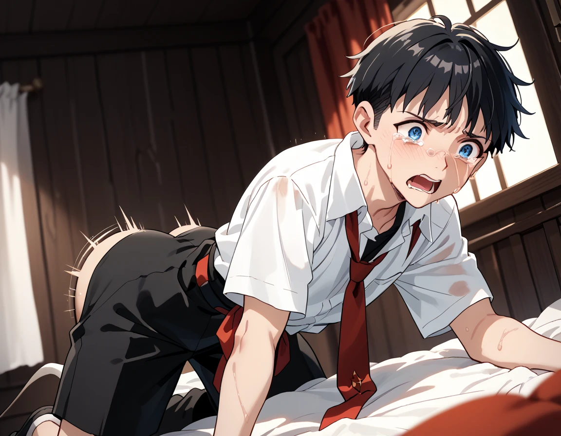 masterpiece), (((semi-realistic))), best quality, expressive eyes, perfect face, score_9, score_8_up, score_7_up, score_6_up, score_5_up, score_4_up, sexy femboy with a small penis torn virgin killer sweater, ((((hentai)))), ((((raped, rape)))), (((HEAVILY ABUSED))), sex, (((rapist grinning))) (((sex from behind))), (((anal sex))), (((ass ripples))), (((raped))), background: hotel room bed,(((man has blood spilling down his penis from raping the femboy))), (((femboy is in pain))),detailed, more details, high detailed, many details, intricate details, intricate_details_xl,
