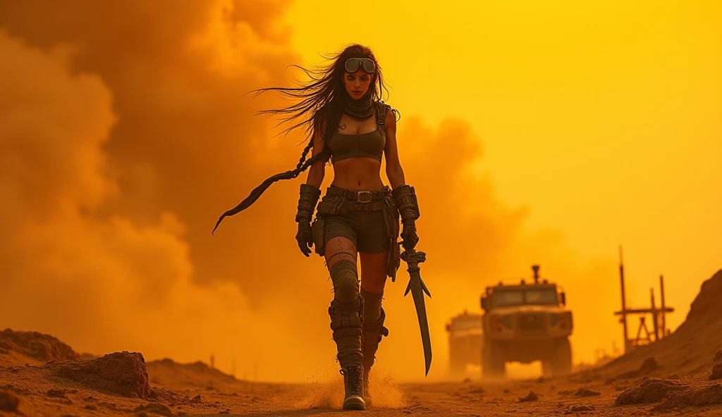 highlighting the moment Mad Max, characteristic combat clothes, apocalyptic atmosphere, modern style, fighting scene, hyper realistic, cinematic, cinematography, Natural lighting, highly detailed, sharply focused, IMAX movie poster style, realistic, city lights, medium close up, desert in background, dynamic shot, --chaos 10 --ar 6:5 --style raw --stylize 600