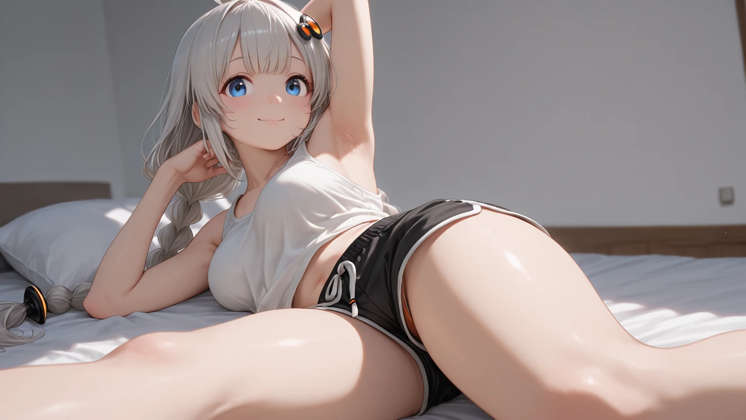 A 68-year-old 1 superb Eastern European silver-haired beauty wearing transparent lace underwear squats to pee，With confidence and a smile，Lively and charismatic，Wears a delicate flower crown on his head，A large necklace of exquisite luxury，Large area smooth, Fair and shiny skin，Hand hidden，Bigchest，Straighten up at the waist，Navel is visible，Rounded buttocks，The legs are slender, Soft and feminine，Spread your legs apart to focus，Panty folds embedded in the pubic bone are tightened。photographrealistic，On mattresses，Large scale，tmasterpiece，There is a strong fill light on the front，Low contrast，The perspective is from the feet to the face，Instagram（realisticlying，A high resolution：1.4），（（puffy eye）），looking at viewert，full bodyesbian（8K，RAW photos，best qualtiy，tmasterpiece：1.2），（realisticlying，Photorealistic:1.37),(Sharp focus:1.2), profesional lighting, physically-based renderingt, (paleskin:1.2),(smallunderboob:1.2), looking at viewert, (mid hair:1.5), (silber hair:1.1), By bangs, (simplebackground:1.4), 独奏, realisticlying,(tmasterpiece:1.4),(Highest image quality:1.4),(brightskin),ssmile(Toothy，is shy:1.3),sexyposture,