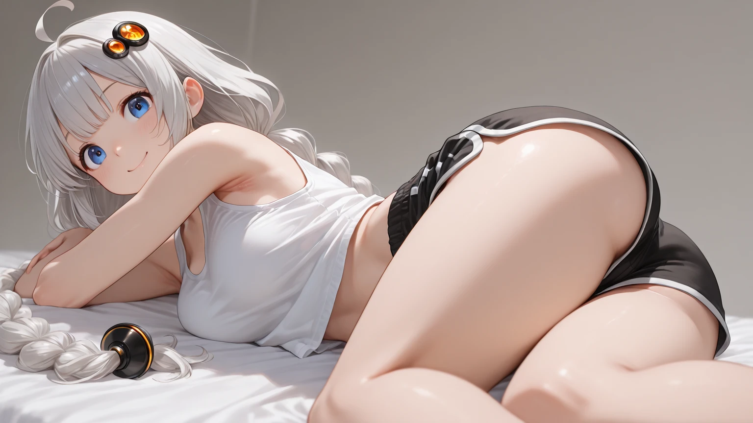 She is an 8-year-old little girl。nipples are pink。Her breasts are very small。She has white hair and blue eyes。She has long hair。She's completely naked。She is so embarrassed。She is blushing。She got on all fours on the bed.、Your butt is facing us。The female genitalia and anus are fully visible。