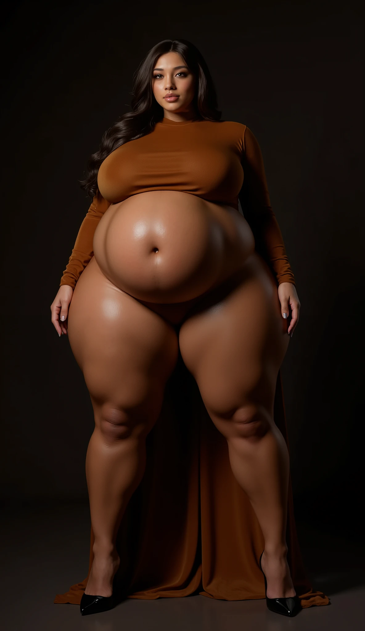 (Masterpiece), (best quality), (detailed), A skinny black woman with a big bloated round belly full of giant cake