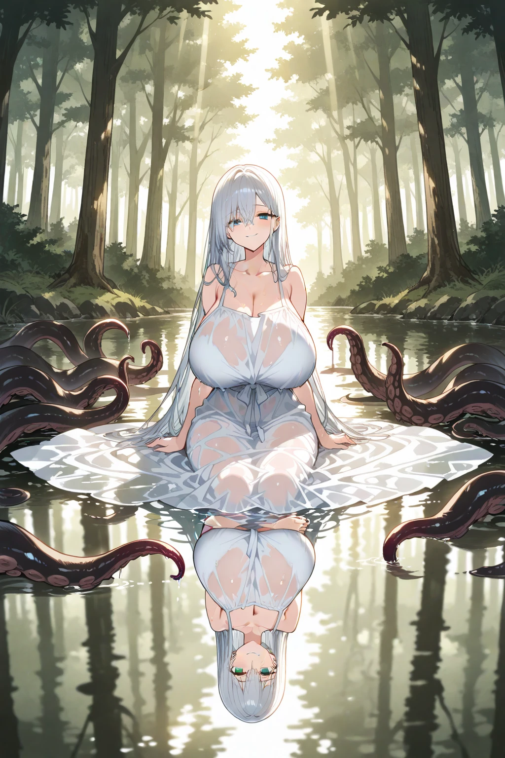 ((Highest quality)), (detailed), Beautiful girl with straight silver hair, Anime Face, Red Eye, Big Breasts, naked, Violated by tentacles, Her hands and feet are tied with tentacles and she is hung from above, M-shaped legs, Ecstatic expression, Grabbing a tentacle, Wet with milky liquid, pregnancy, Put out the bottom, Ahegao,