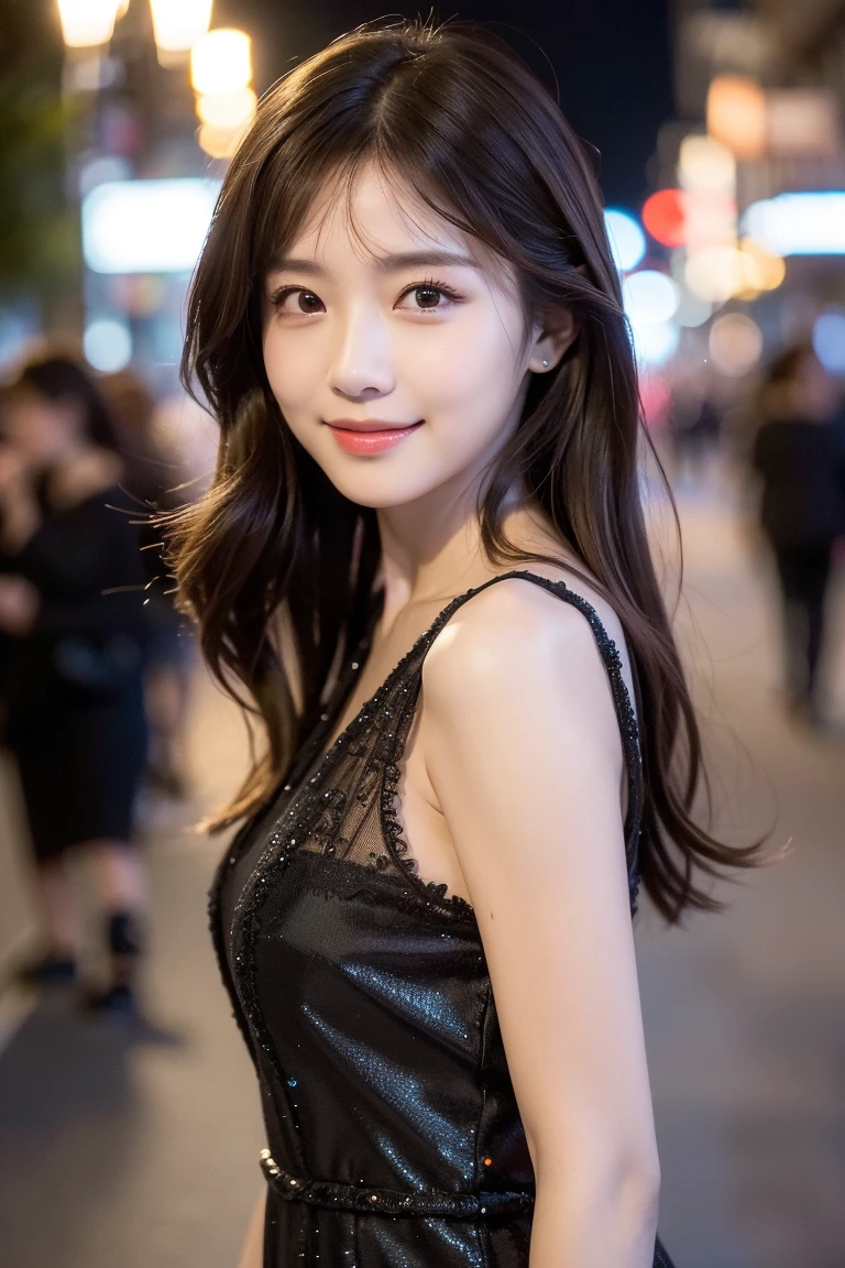 ((best quality, 8k, masterpiece :1.3)), 1 girl, smiling, whole body, face slimming, pretty Woman, (Dark brown hair), full length dress :1.1, Super detailed faces, delicate eyes, double eyelids, blurred background, face slimming, City, external, street,