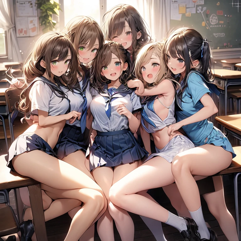 nswf:1.3,(masterpiece: 1.2, highest quality, masterpiece, Clearer images), (Bright colors), ((Take clear photos even from a distance)), (multiple girls), (Harem), (School classmates), (((All school uniforms have the same design))), (((Everyone is wearing the same navy blue skirt))), ((16 years old)), ((prostitution婦)), (prostitution宿, on the bed), (cute Japanese((6 girls))), (((infant'face))), ((group shot)), (group selfie), ((ass visible through thighs))、 (Full body diagram from head to toe), front, frontやや下からの構図, symmetry, 18 year old tall girl, alone, (whole body from head to toe),wide angle, soft light, ((((laugh with your mouth wide open)))), (slightly larger breasts), ((prostitution)), (lure), ((viewers love it)), (((A lot of hearts are flying))), Landscape、、((((M spread legs:1.4)))、((female masturbation:1.8))、((breast grab:1.3)),(((bra lift:1.4)))、(((show bra:1.5)))、(skirt lift:1.3) 、one eye closed、stick out one's crotch、((youth))、((((Knee-length white loose socks))))