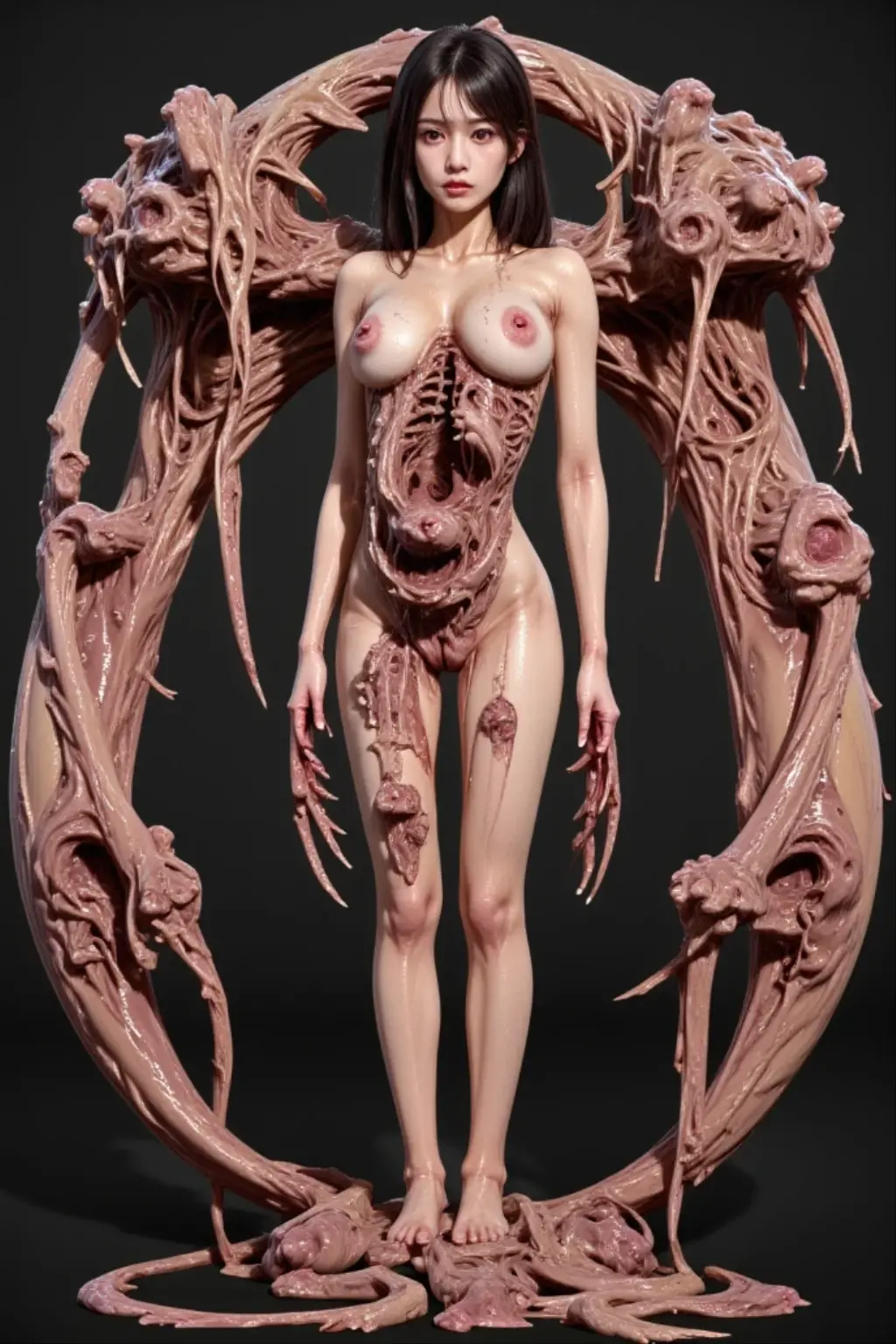 ((multiple monster women)), futanari, ((monster penis, veiny)), sweat, completely nude, ejaculating, ((best quality)), ((masterpiece)),((highly detailed)), fine details, award winning image, simple background, standing, beautiful, cum, semen, ((huge erect monster penis)), pubic hair