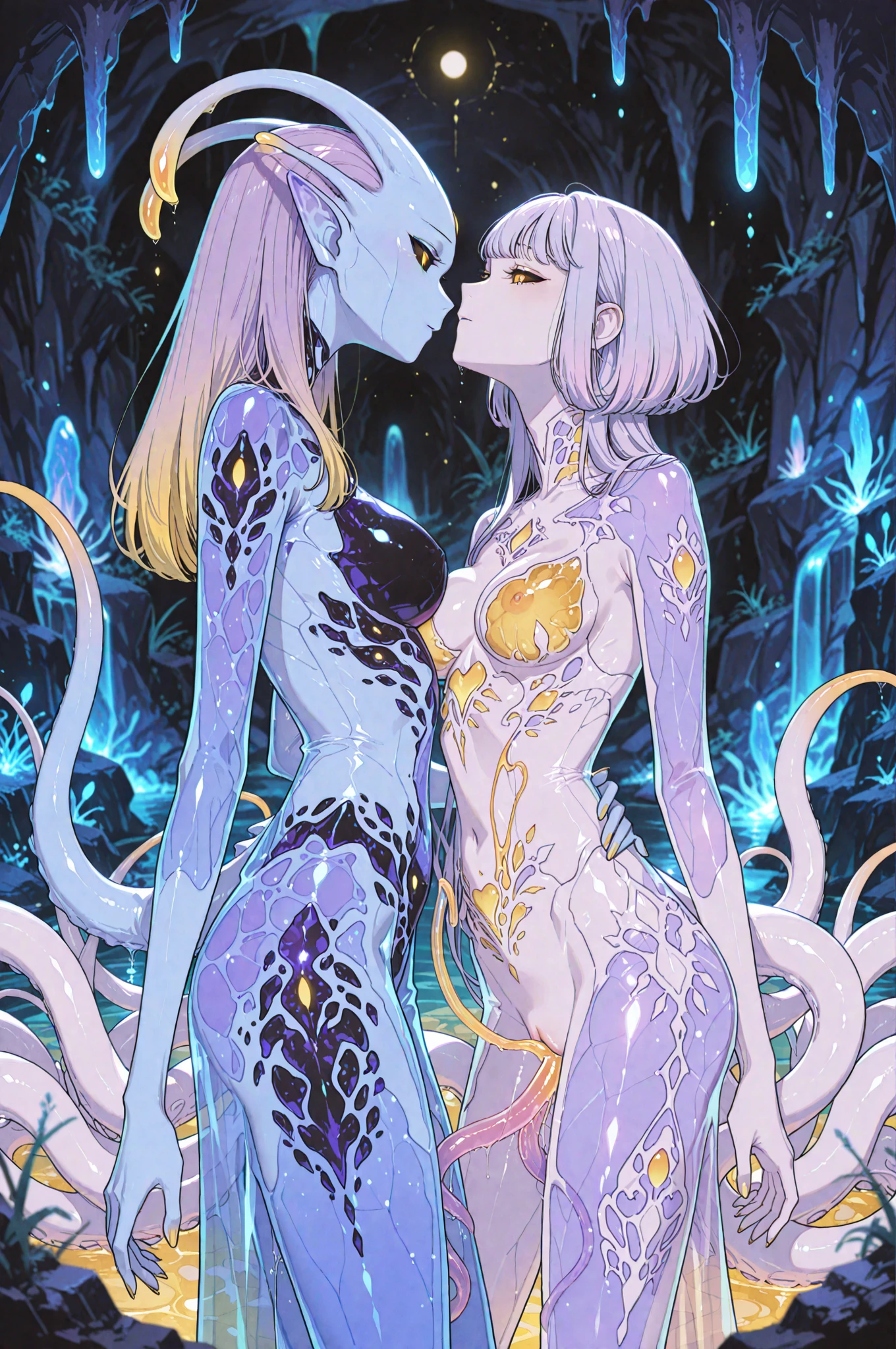 ((masterpiece, flat shading, flat colors)), Cinematic shot of lesbian sex orgy where 4 females penetrated by tentacles, ((tentacles on necks )), tentacles penetration, hands in panties, perfect bodies, (4 females attacked by tentacles), sexy
