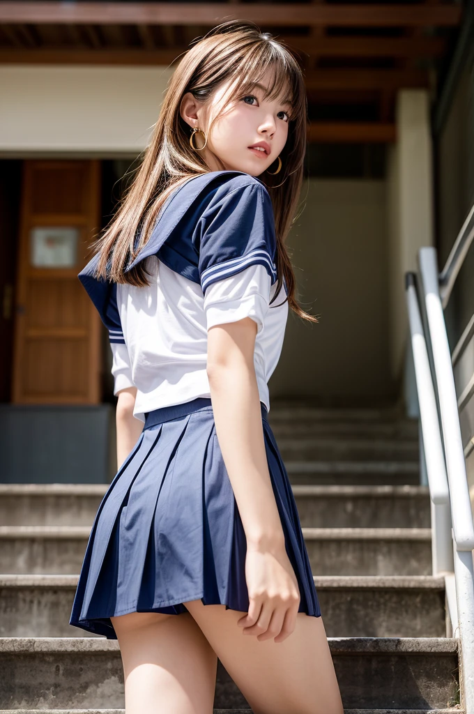 (Best Quality, 8K, 32K, masutepiece, nffsw:1.2), (Raw photo), (Realistic), (Photorealistic:1.2), (High resolution), huge filesize, Ultra-detailed, Extremely beautiful face & Eyes, 1girl in, (Lori, 18 years old:1.2), Young Woman, round small face, thin waist, huge-breasted, slim proportions, (Japan Sailor School Uniforms, sailor fuku, serafuku, Japanese school sailor uniform, darkblue pleated skirt:1.27), (From below, White thong, Crotch:1.24), Rooftop of the city of dawn,Angle looking up from below