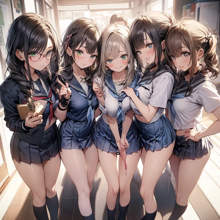 ((masterpiece, highest quality, High resolution, 超High resolution, Perfect Pixel, Depth of written boundary, 4K, RTTX 10.0, High resolution))), (Five adult women:1.3), Beautiful Anime Woman, Beautiful art style, Anime characters, ((Long Hair, bangs, Dark brown hair, Various hairstyles)), ((Beautiful eyelashes)), ((Detailed face, blush:1.2)), ((Smooth texture, Realistic texture, Anime CG Style)), Perfect body, Slender body, Exact finger count、Exact number of legs、Exact number of arms, (blush:1), (The five women are standing side by side, lifting their skirts to greet the crowd.:1.2), ((Fashionable white shirt, Sailor collar, mini skirt, Knee-high socks, loafers: 1.2)), (Lift up your skirt yourself:1.1), Realistic, (Slender body:1.1), highest quality, High resolution, Very detailed face, Perfect lighting, Extremely detailed CG, (Perfect hands, Perfect Anatomy), Embarrassed expression, (School classroom, Blackboard background:1.3), Morning sun-like lighting, whole body, ((Stylish and sexy shiny satin panties, Stylish lace side-tie panties, White panties, Pink Panties, Light blue panties:1.2)), Angle from the front、(Beautiful and thin thighs:1.1),NSFW
