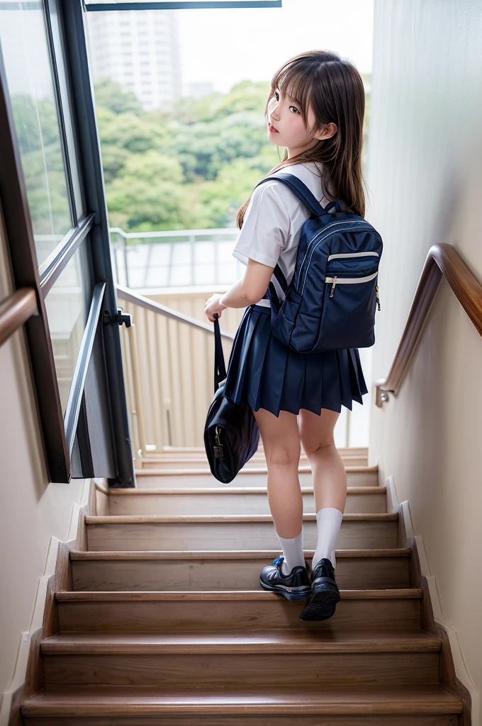 A little girl with a double ponytail, carrying a school bag, walking in a small alley at night, with a back [camera angle: low] [lens filter: blue] [blur volume: high] [blur direction: horizontal], shot from behind, street lamp in the background.