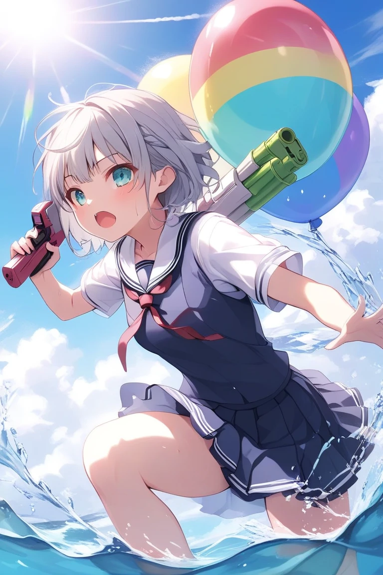 Masterpiece, Best quality, a beauty girl, White hair, Medium hair, ahoge, Green eyes, school uniform, white thighhighs