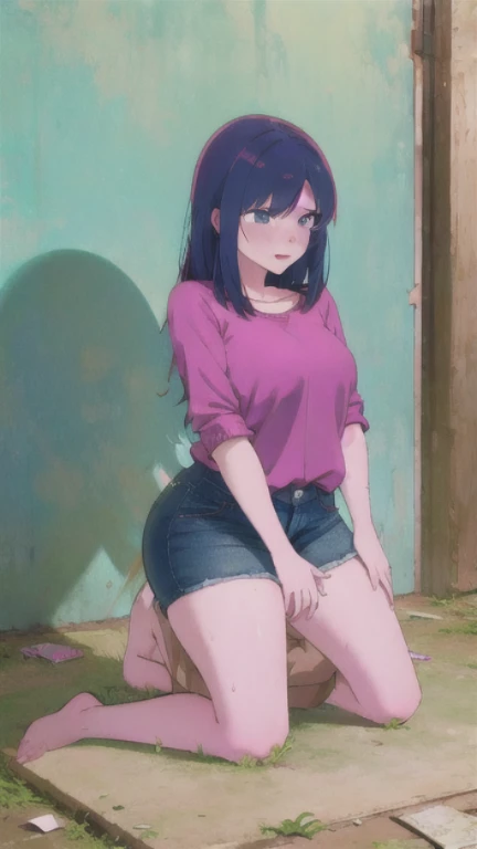 best quality, masterpiece, detailed,2d,flat color, 1girl,14yo,petit,grin,camisole,denim shorts,thighhighs,outdoor,small breasts,twintail,ass,from back