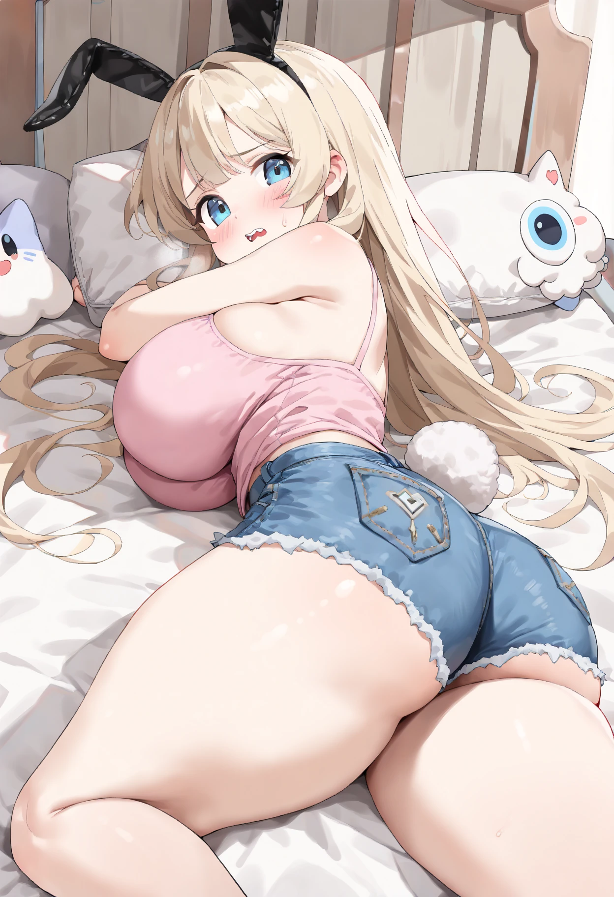 masterpiece、top-quality、hight resolution、独奏、tits out、in a house、a bed、Rough breath、Sexual facial expressions、Spread your legs apart、Western style face、a blond、Random hairstyles.1.2、Blue eyes、blushed face、Sweaty body、I'm putting my finger in、kawaii、cum on、((Lie on your back and raise your hips、))