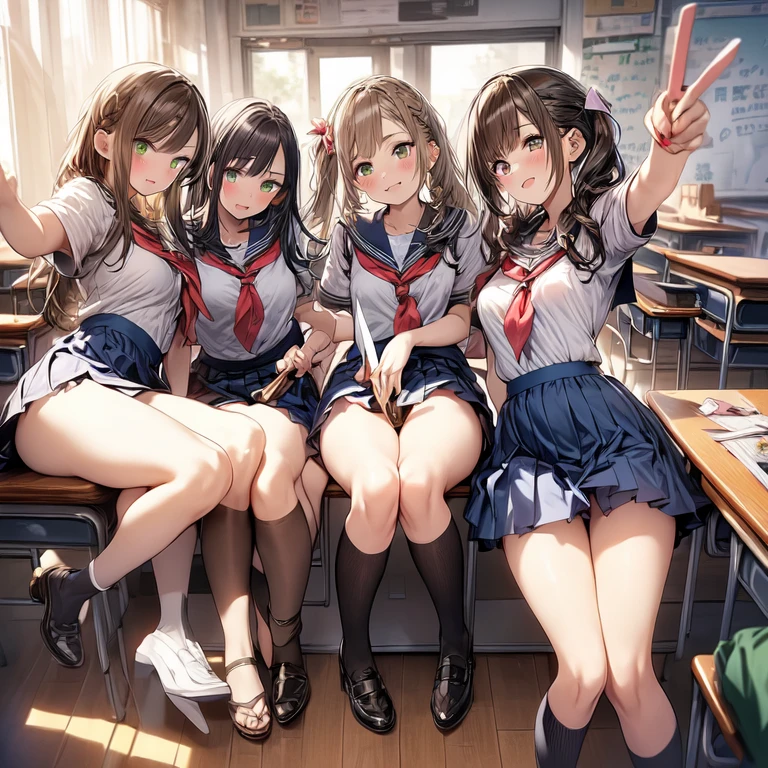 masterpiece, Highest quality, In detail, 5, (beautiful girl), cute, (tits), (A group of high school girls tucking up their skirts to show their panties.), multiple