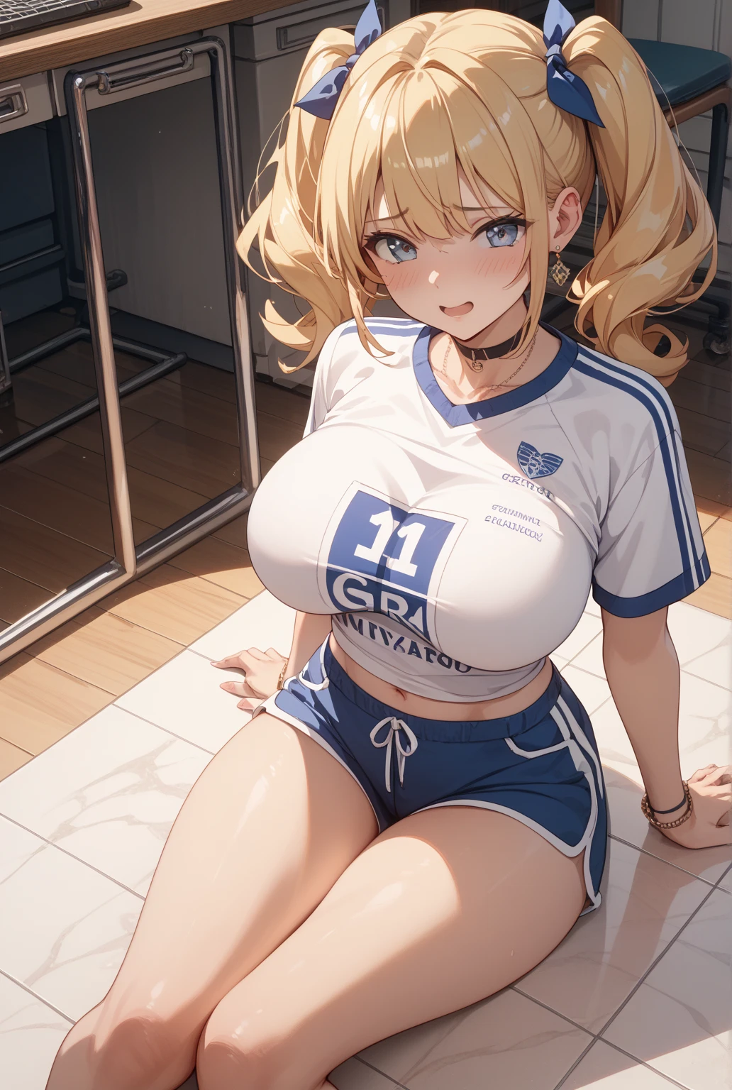 Masterpiece: 1.4, beautiful, grass field, erotic, daytime,(1 girl), (anime woman, beautiful mature face, sitting on the chair with open legs ,underboob, looking at the viewer, blonde long curly hair, seductive bright makeup, fit, bubble butt, sports top,latex shorts, white sneakers)