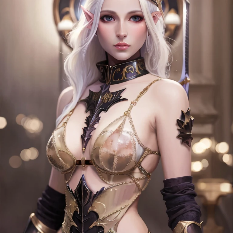 Digital 3D, 1girl, solo, breasts, pointy ears, long hair, cleavage, elf, earrings, medium breasts, jewelry, circlet, upper body, armor, realistic, cape, looking at viewer, dress, lips, blonde hair, collarbone,navel
