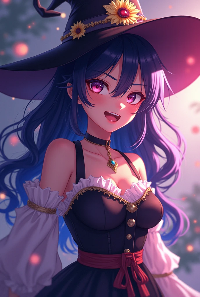 beautiful and seductive one girl being flirty and wearing witch clothes but the clothes is very revealing and seductive and the art style is anime but not too revealing