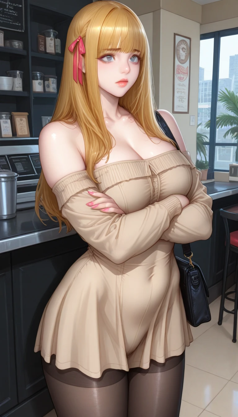 A detailed, high-quality woman in a white dress holding a cup, large breasts, defined legs, blonde hair, a nearby, highly detailed, masterpiece, 8k, photorealistic, volumetric lighting, intricate details, cinematic composition, warm color palette, dramatic lighting