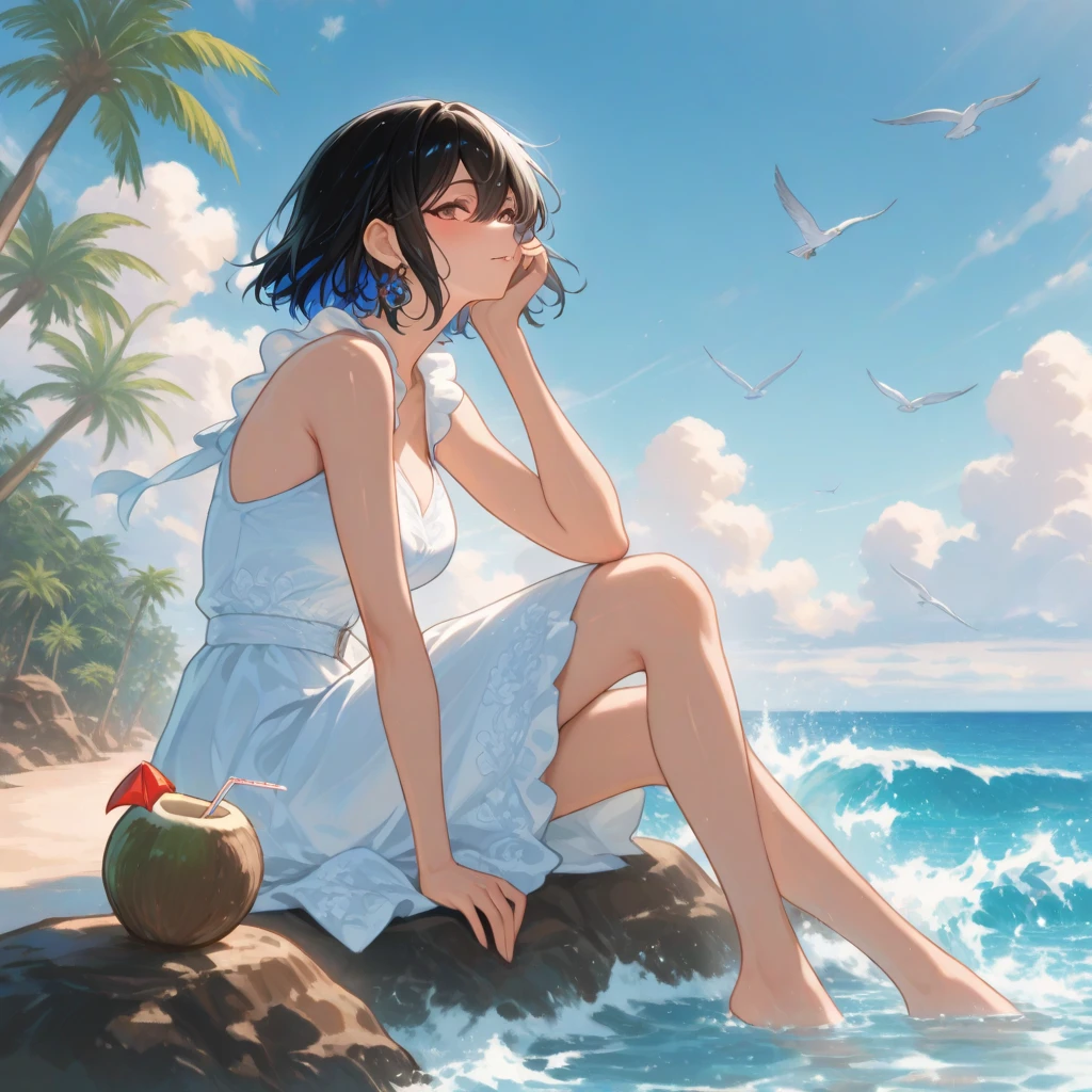 there is a woman that is laying down on the beach,Holding a bottle of beer in his hand, Guviz, guweiz masterpiece, Guviz-style artwork, in the beach, Guweiz in Pixiv ArtStation, in beach, Loli, Kantai collection style, On a beach, Guweiz on ArtStation Pixiv, Beach ultra detail,A high resolution,hyper-detailing,best qualtiy,astounding,top Quority,the Extremely Detailed CG Unity 8K Wallpapers,