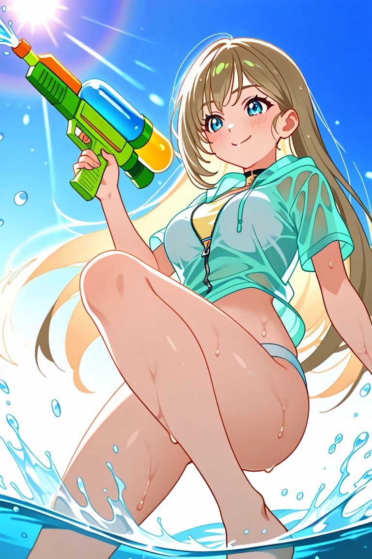 Highest quality、masterpiece、beautiful、detailed、Year: 12、Black hair twin-tailed female elementary school student、beach、Pouring sunlight、Dynamic pose、Spraying water with a water gun、Angle from below、smile、Slim figure、Soaking wet、erectile nipples、open vagina、pussy cum