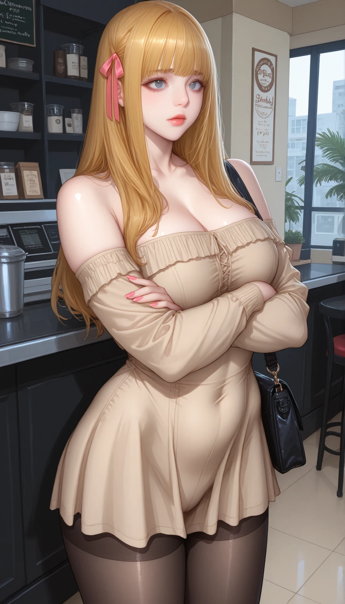 (PONY XL) Liya - FITNESS [ MANHWA], gorgeous pretty adult woman with orange-blonde long hair, forehead hair bangs, big blue eyes, fair natural skin, pink nails, small yet slightly plump breasts, small waist, plump light-red lips, and a perfect slender body. She's wearing a revealing mini short off-shoulder beige dress with attached long tight palm-length sleeves and V-neckline, glossy black stockings, and one hair ribbon on the side. She's standing, arms crossed, plain expression, carrying one strappy purse over one shoulder, and is in a big cafe. Show from her head to knee, SOLO, and super hyper-detailed.